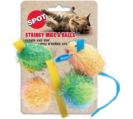 Canine's World Catnip Toys Spot Pet Stringy Mice & Ball Cat Toy with Catnip, 2-in, 4 pack Spot