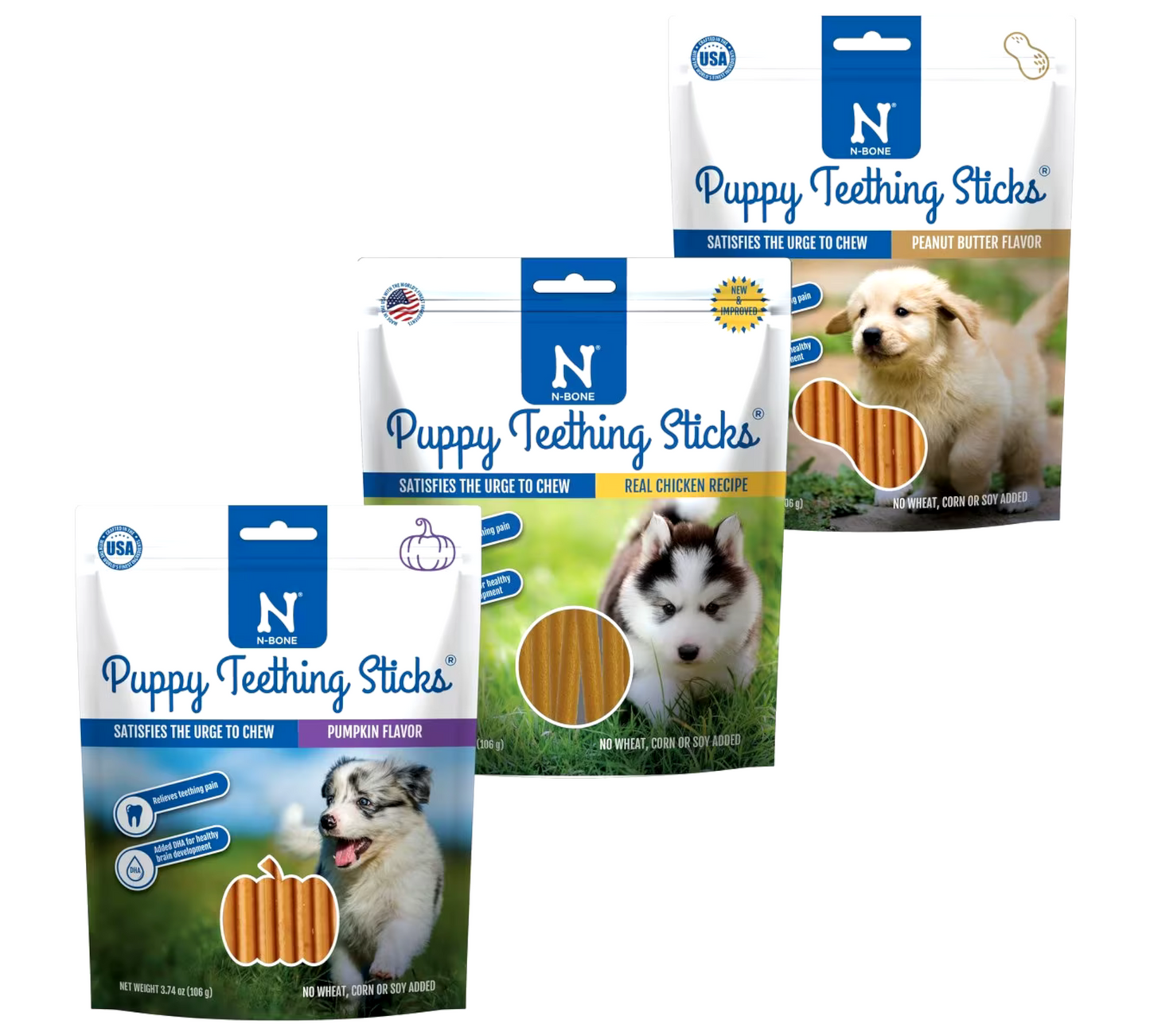 Bundle: Variety Pack - N-Bone Puppy Teething Sticks Pumpkin Dental Chew Treats, Chicken & Peanut Butter Flavors