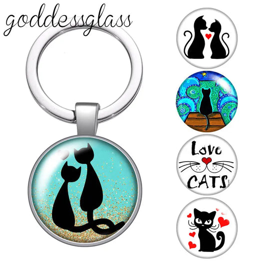 Cat Love Glass Cabochon Keychain