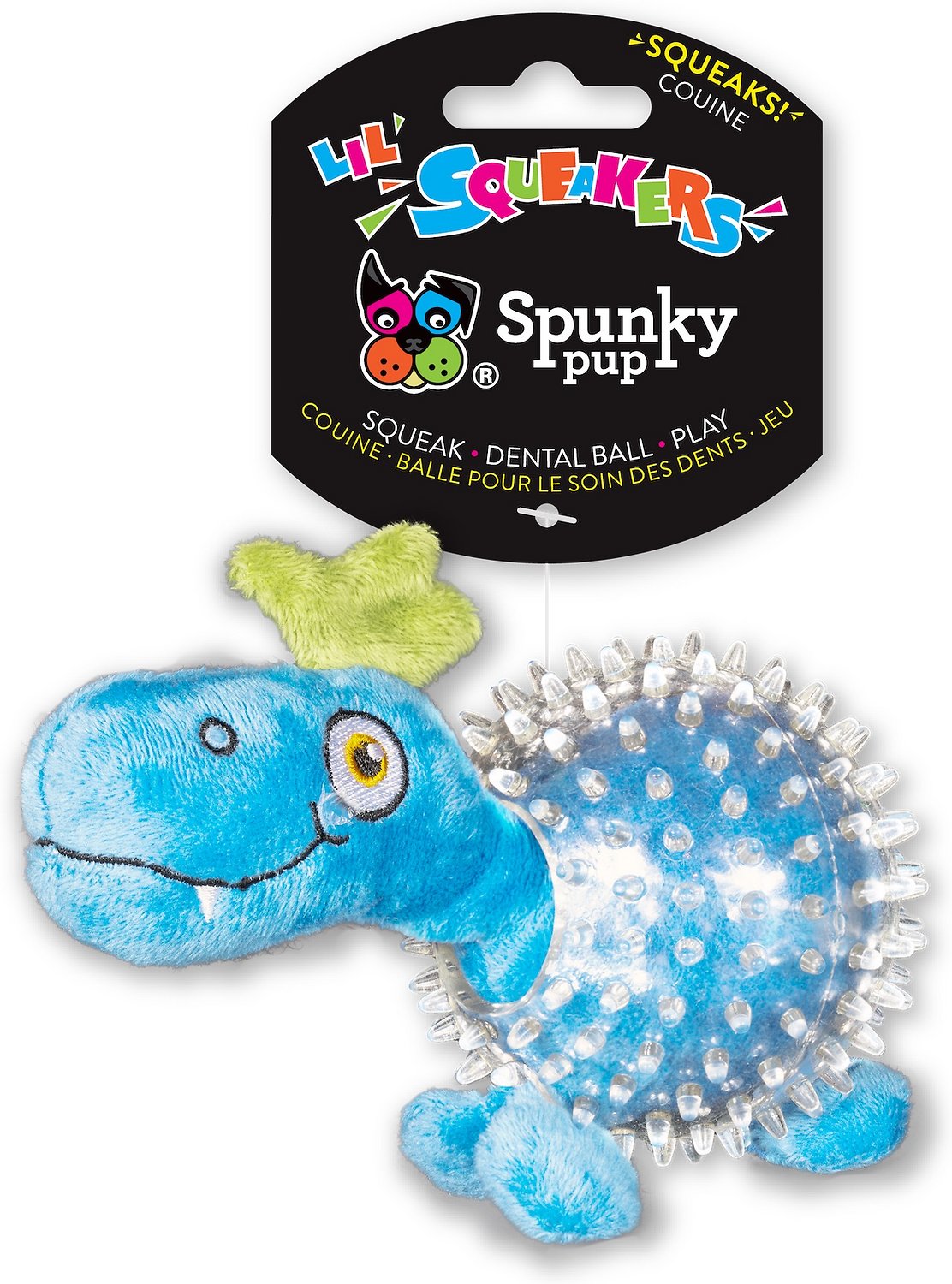Canine's World Stuffed Toys Dino In Cear Spiky Ball Dog Toy, Color Varies Spunky Pup