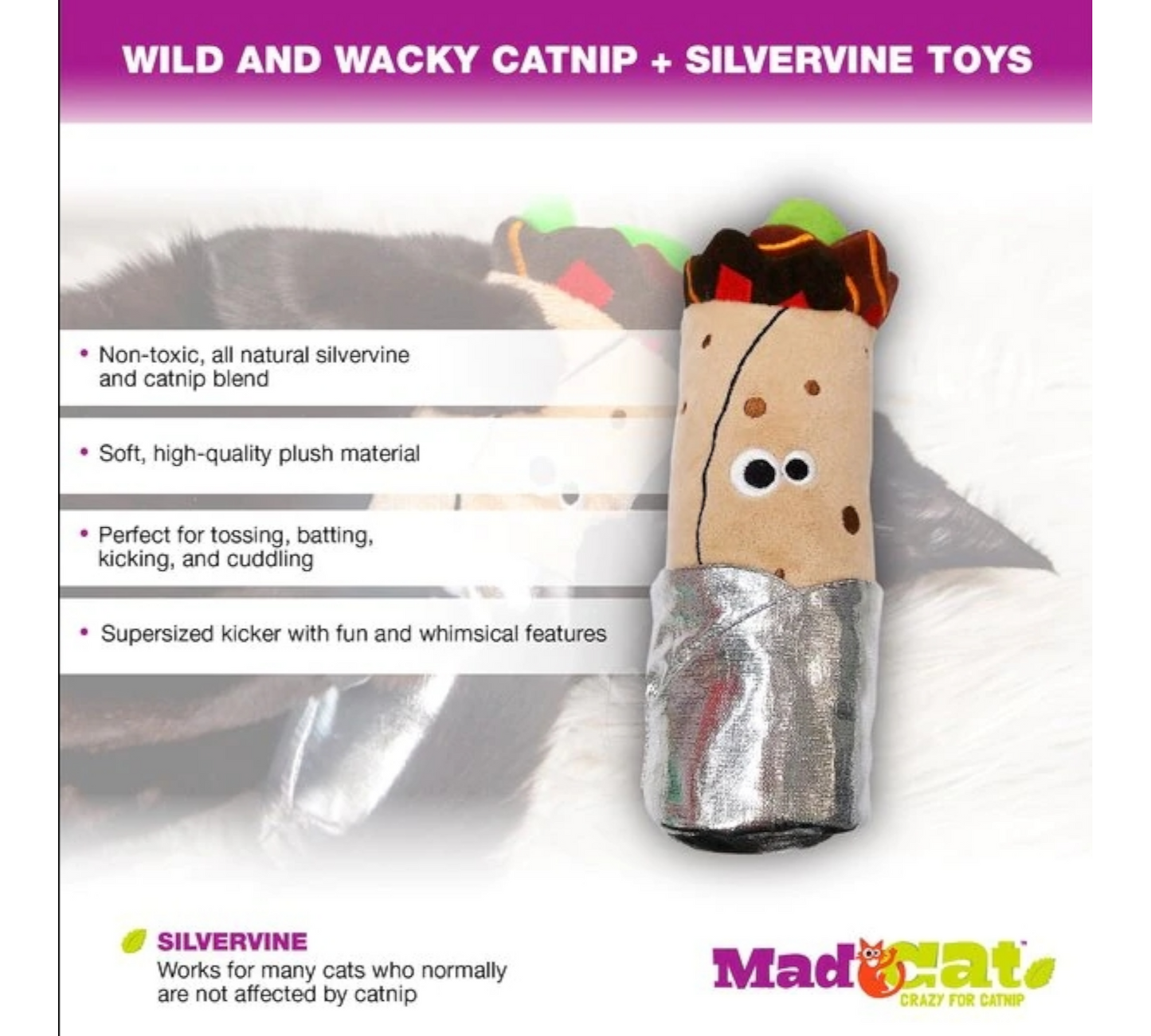 Canine's World Catnip Toys Mad Cat Big Burrito Kicker Catnip & Silvervine Cat Toy Mad Cat