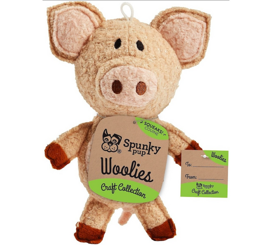Canine's World Plush Toys Spunky Pup Woolies Craft Collection Pig Squeaky Plush Dog Toy Spunky Pup