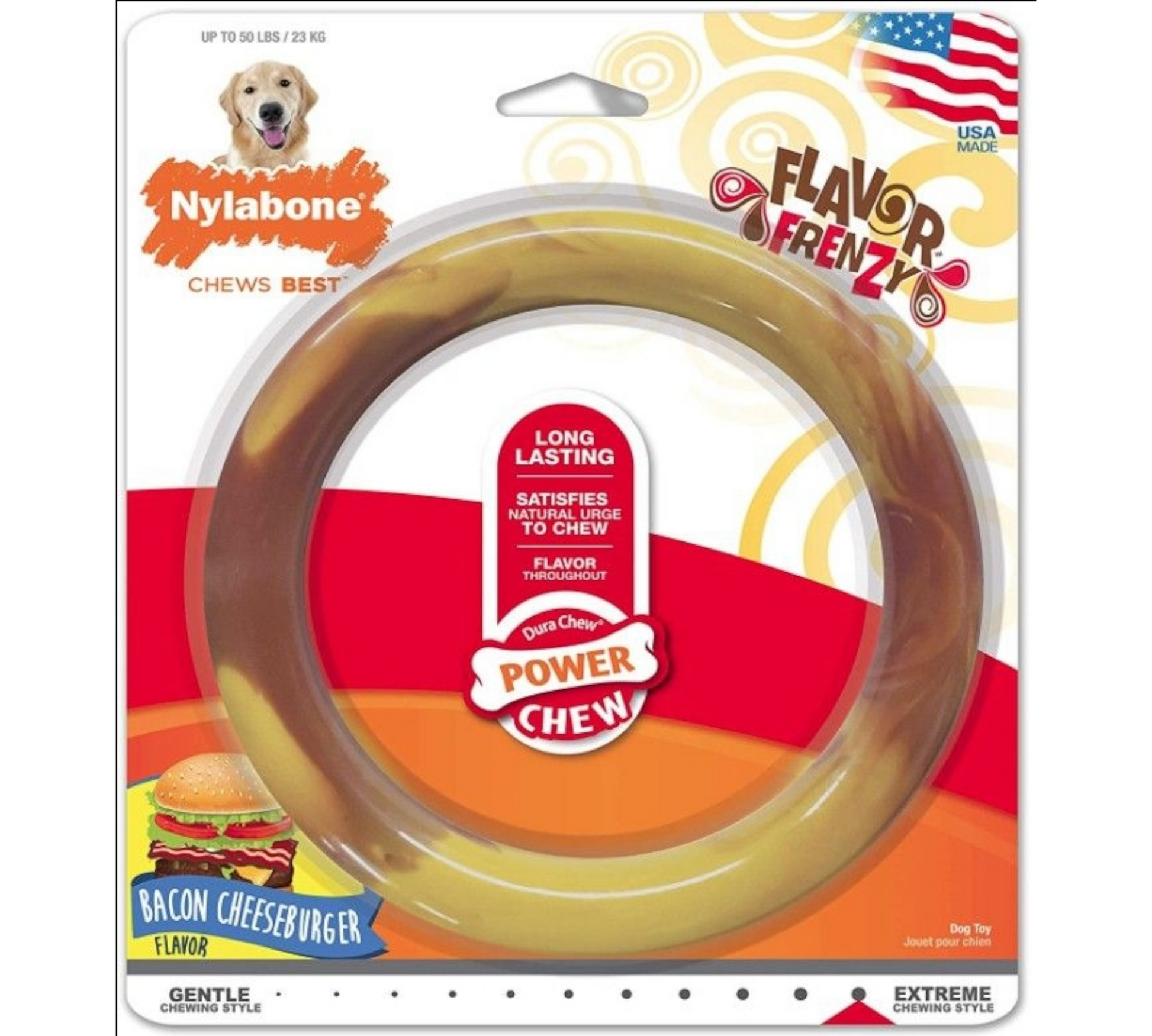 Canine's World Dog Chew Toys Nylabone Power Chew Smooth Ring Bacon Cheeseburger Flavor Dog Chew Toy Nylabone