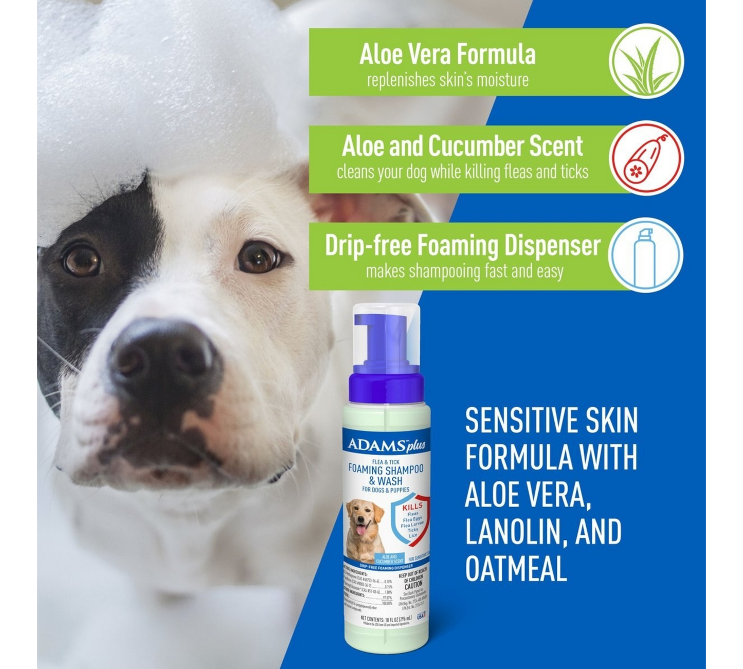Adams Plus Flea & Tick Aloe & Cucumber Scent Sensitive Skin Foaming Dog Shampoo,