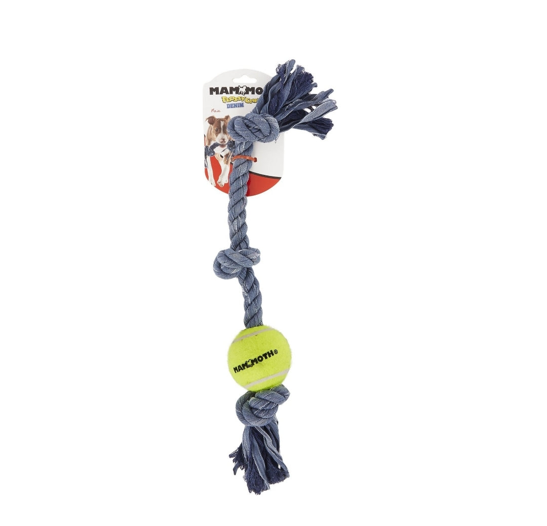Canine's World Dog Rope & Tug Toys Mammoth Denim 3 Knot Rope Tug with Tennis Ball Dog Toy, Color Varies Mammoth