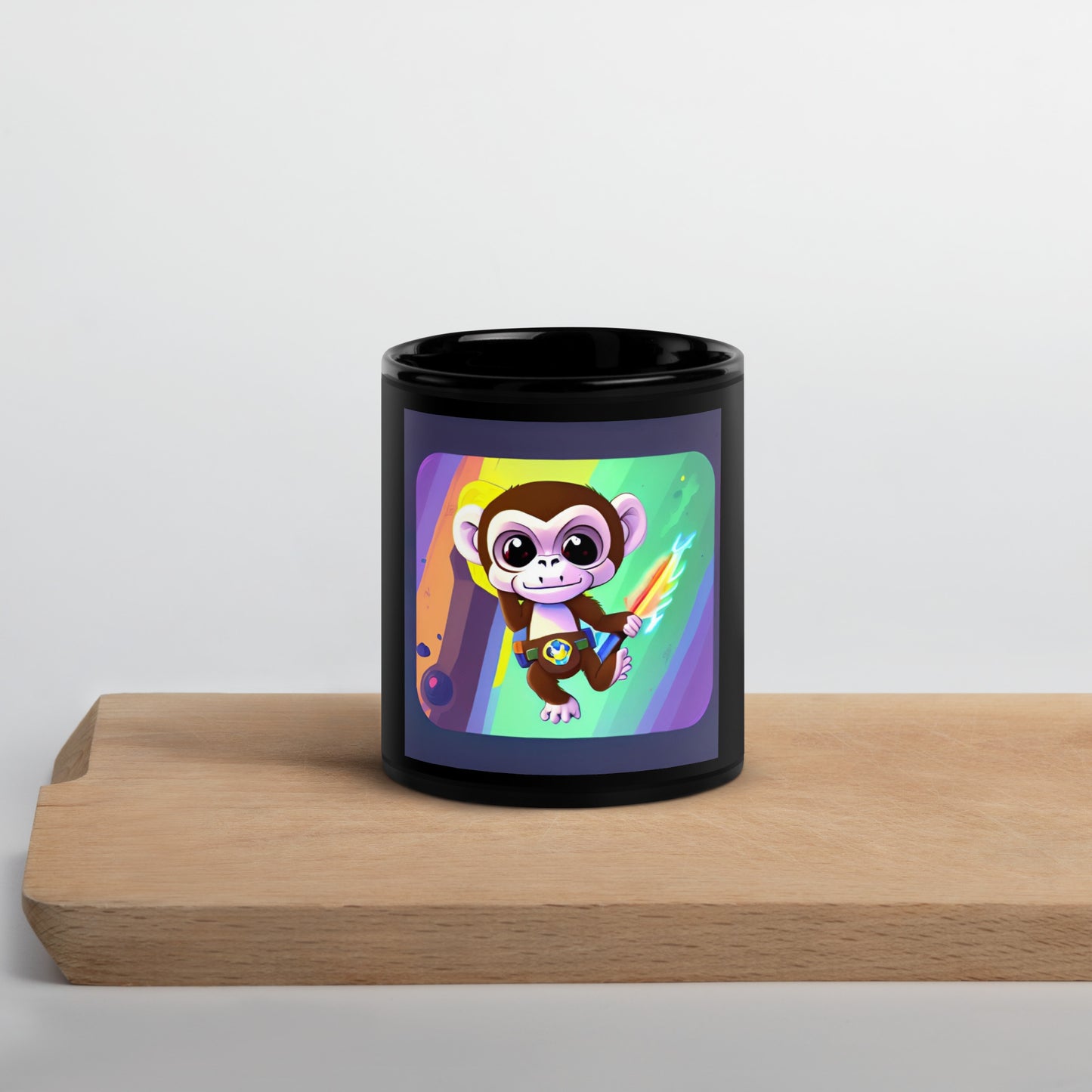 Black Glossy Mug Rainbow Monkey