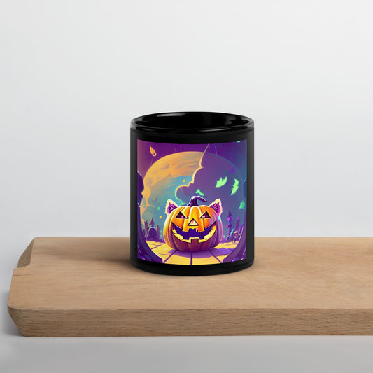 Black Glossy Mug Pumpkin Cat