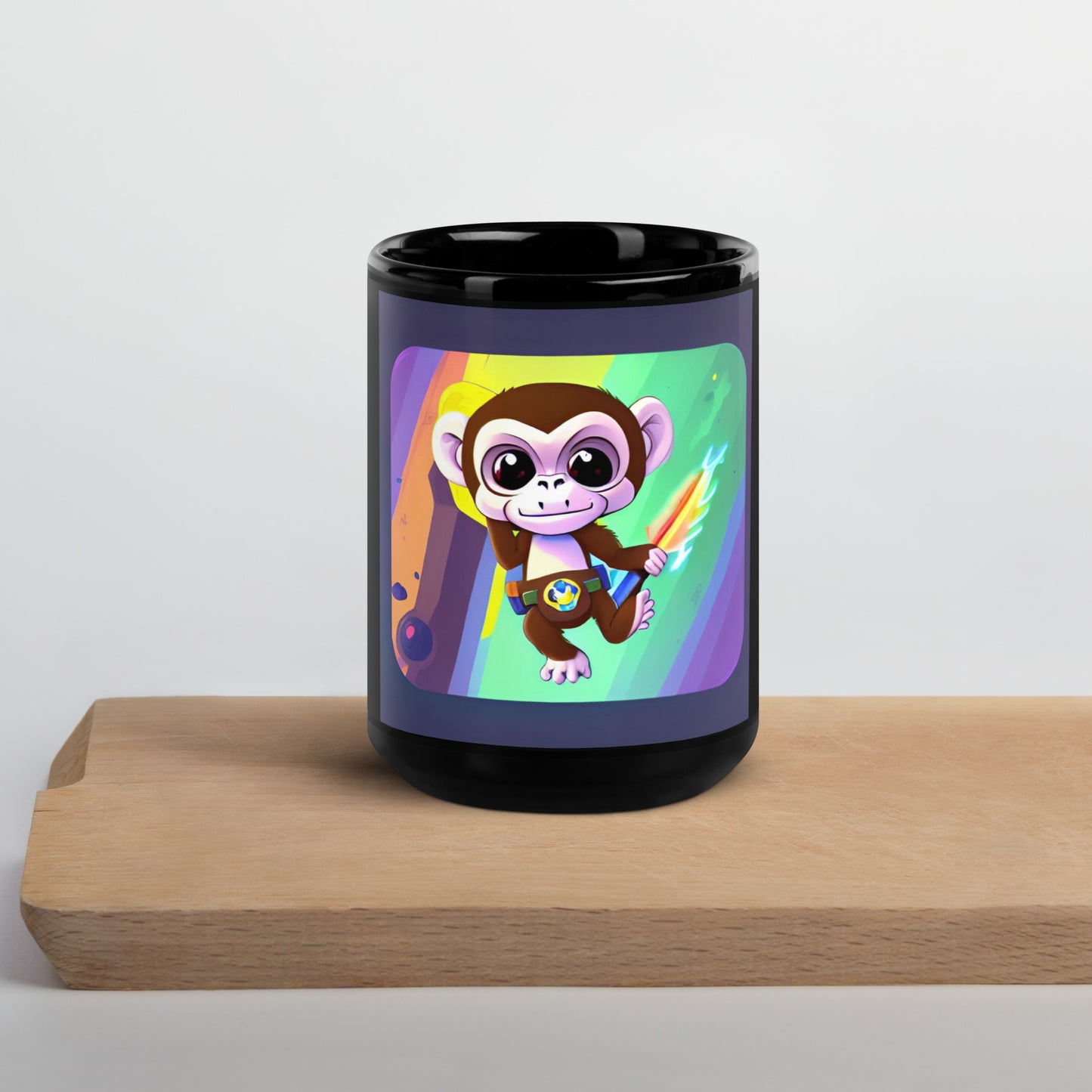 Black Glossy Mug Rainbow Monkey